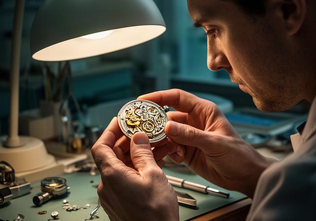 Lead watchmaker examining a mechanical movement under a bench lamp