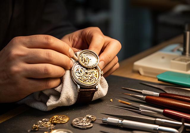 Watch restoration specialist cleaning a vintage case beside precision tools