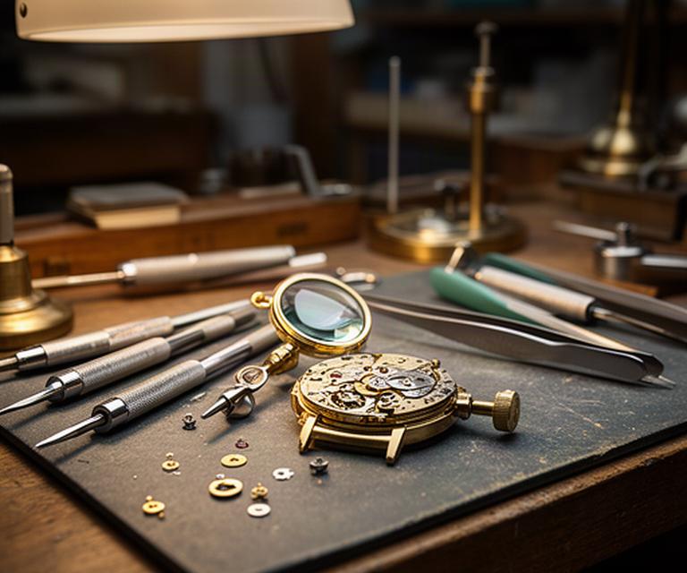 Watchmaker's bench in a Hertfordshire workshop with tools, loupe and mechanical movement