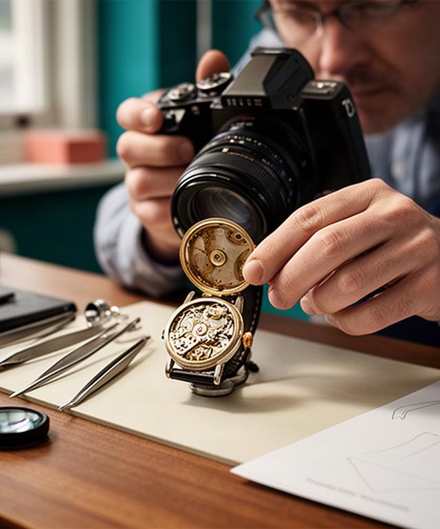 Watchmaker photographing the open movement of an antique wristwatch beside written condition notes in a Hertfordshire workshop