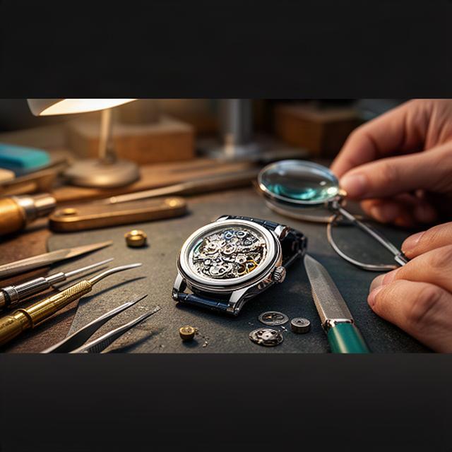 Close view of a hand-finished mechanical watch beside tools in a Hertfordshire workshop