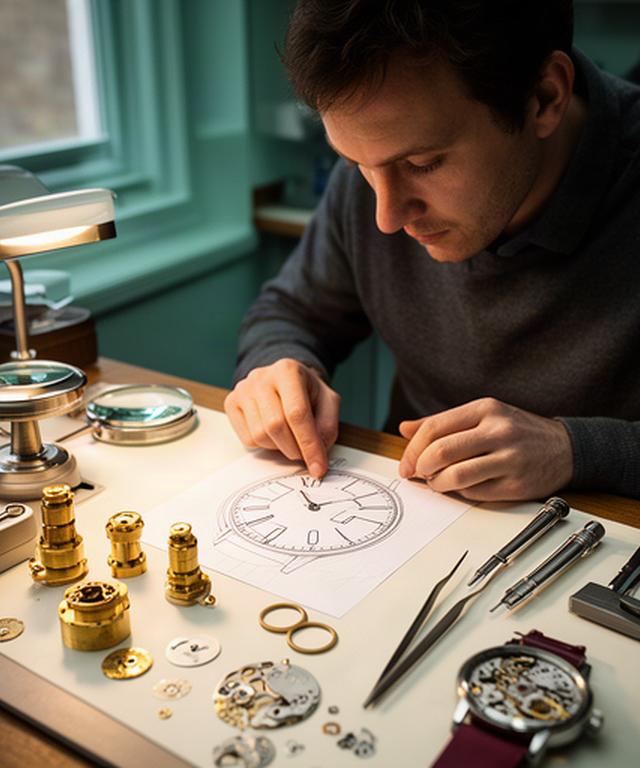Watchmaker reviewing a hand-drawn custom watch dial beside brass components in a Hertfordshire workshop