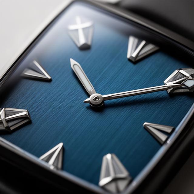 Macro photograph of a custom watch dial with applied indices and brushed blue surface