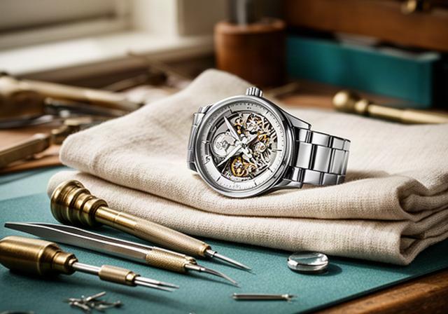 Mechanical wristwatch resting on a linen cloth beside watchmaking tools in a Hertfordshire workshop