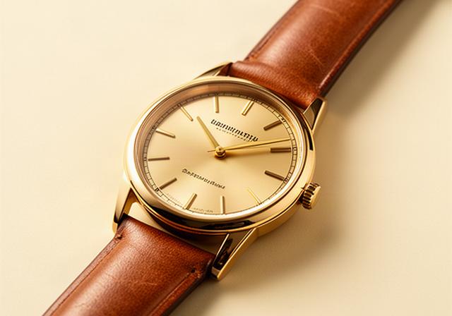 Slim gold mechanical dress watch with champagne dial and brown leather strap on a cream surface