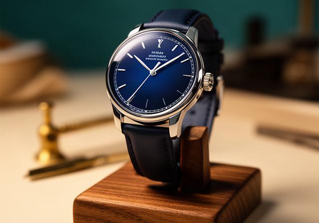 Independent British automatic watch with deep blue dial displayed on a walnut watch stand