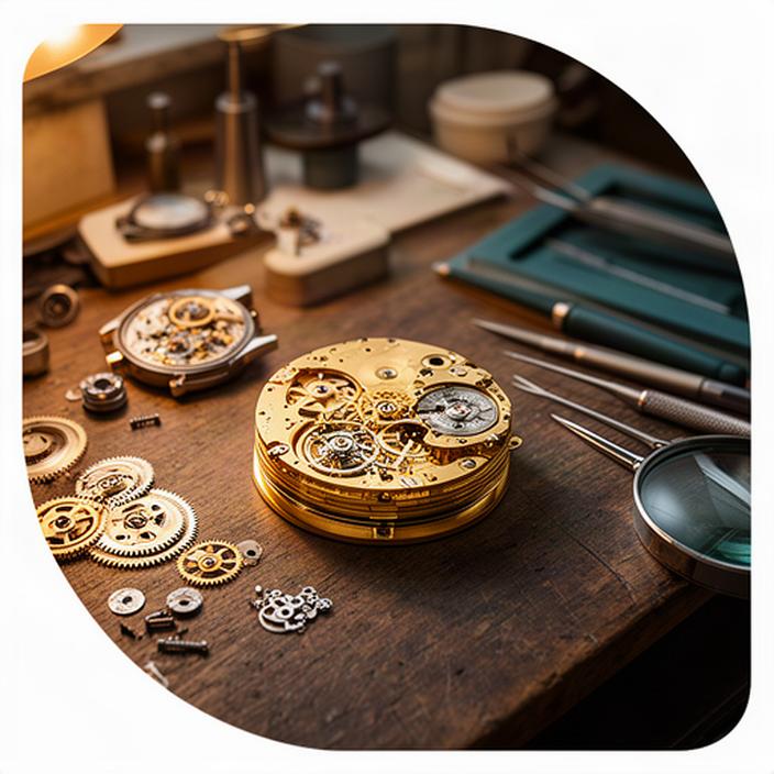 Mechanical watch components and a brass movement arranged on a watchmaker's bench in a warm Uttlesford workshop