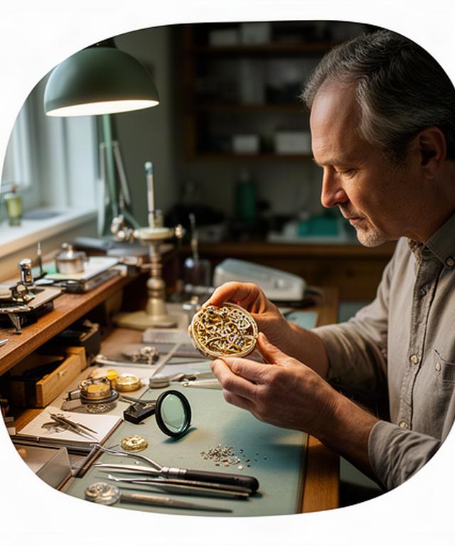 Watchmaker inspecting a fine mechanical movement beside tools and loupe in a quiet Hertfordshire workshop