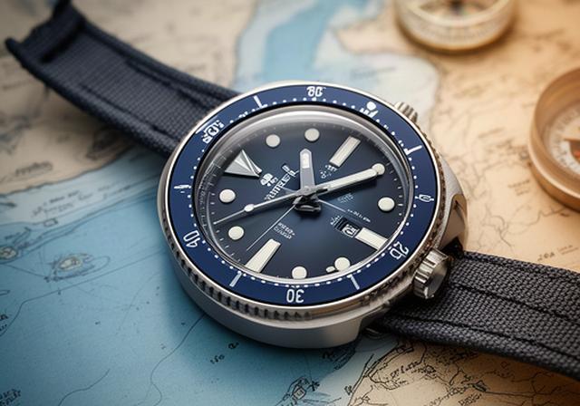 Limited-production diving watch with navy bezel and luminous markers against a coastal map