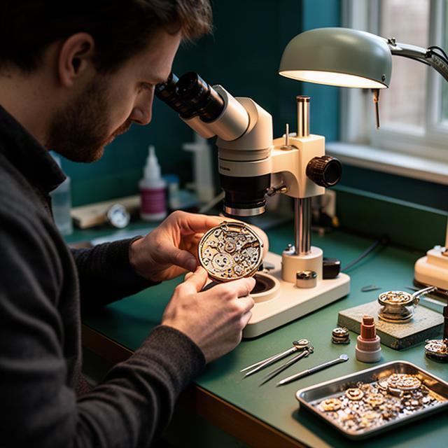 Horologist examining a luxury watch movement beneath a microscope in a Hertfordshire workshop