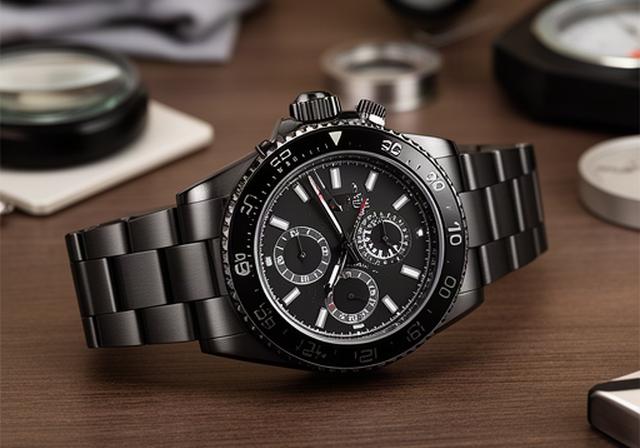 Pre-owned automatic sports watch with black bezel and brushed steel bracelet on a watchmaker's desk