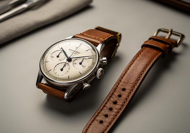 Vintage chronograph watch with silver sub-dials and tachymeter scale beside a leather strap