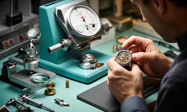 Horologist testing a mechanical watch beside a precision timing machine in a Hertfordshire workshop